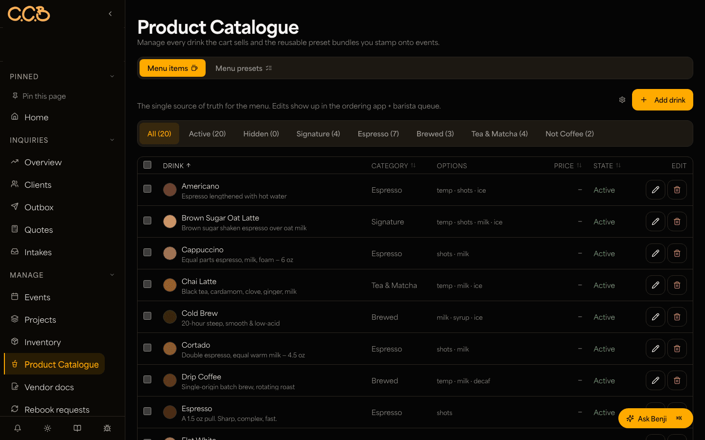 Product catalogue — the online-ordering menu manager