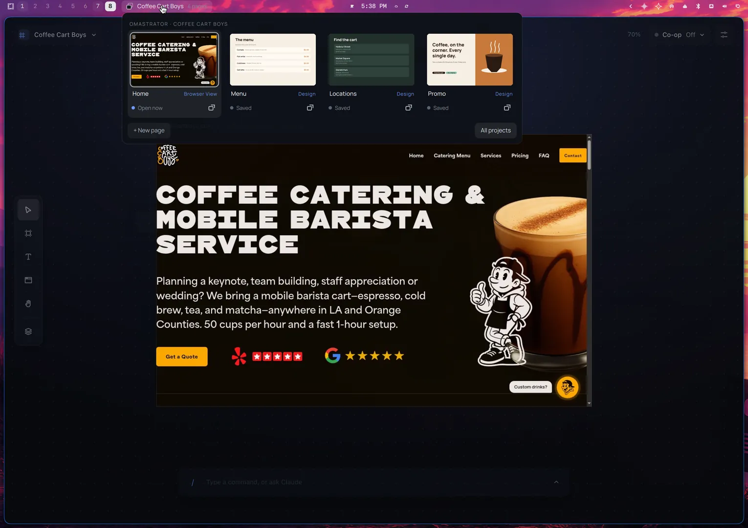 The pages popup under the bar: four pages with thumbnails, Home, Menu, Locations and Promo.