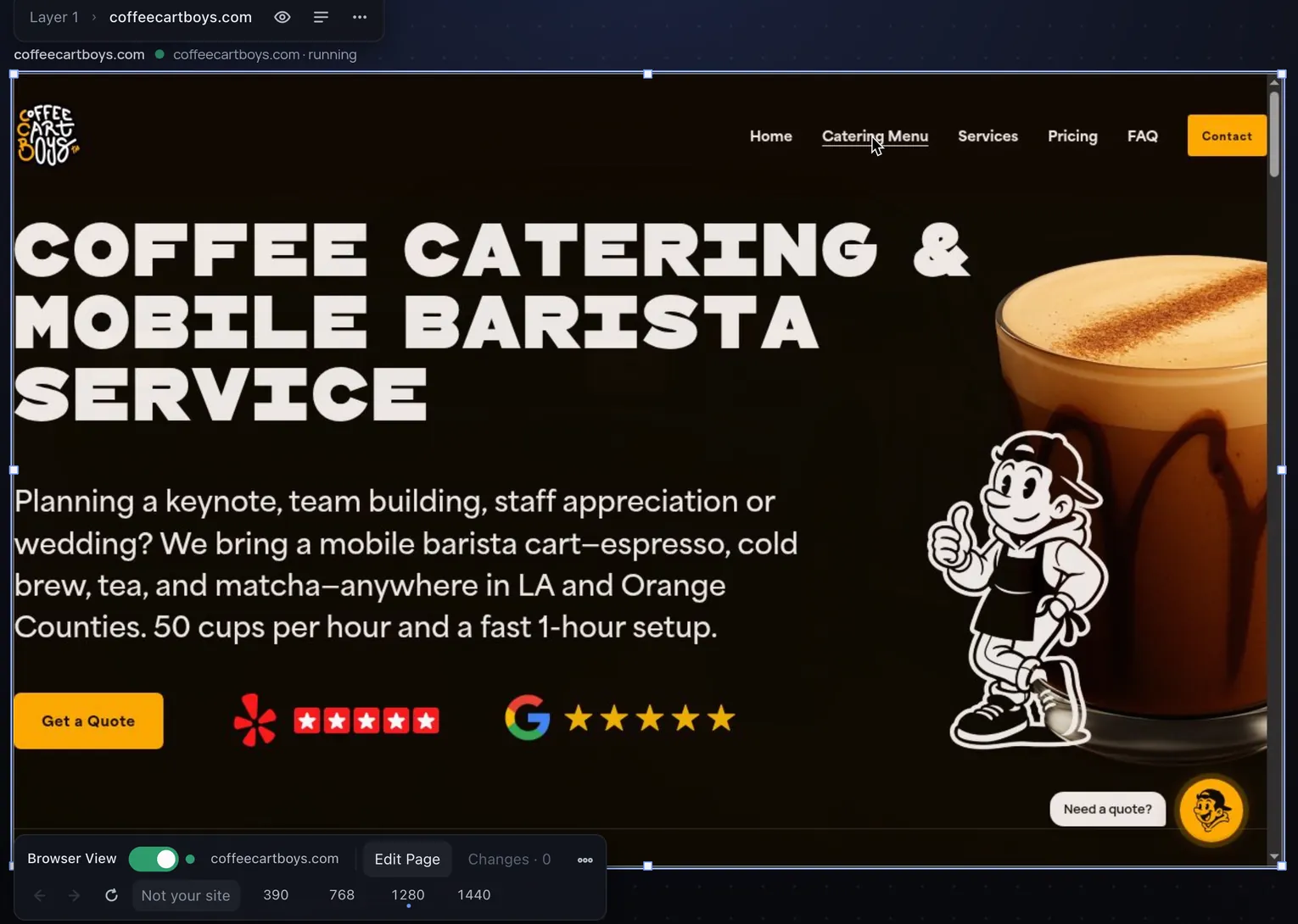 The pointer rests on the underlined Catering Menu link in the live site.