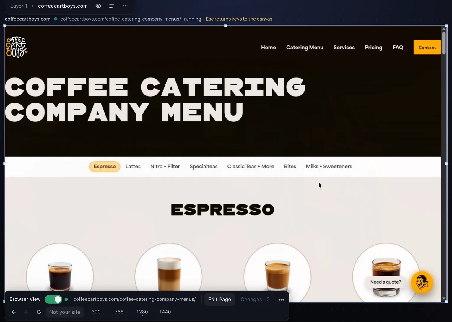 After the click, the frame shows the site's catering menu page.