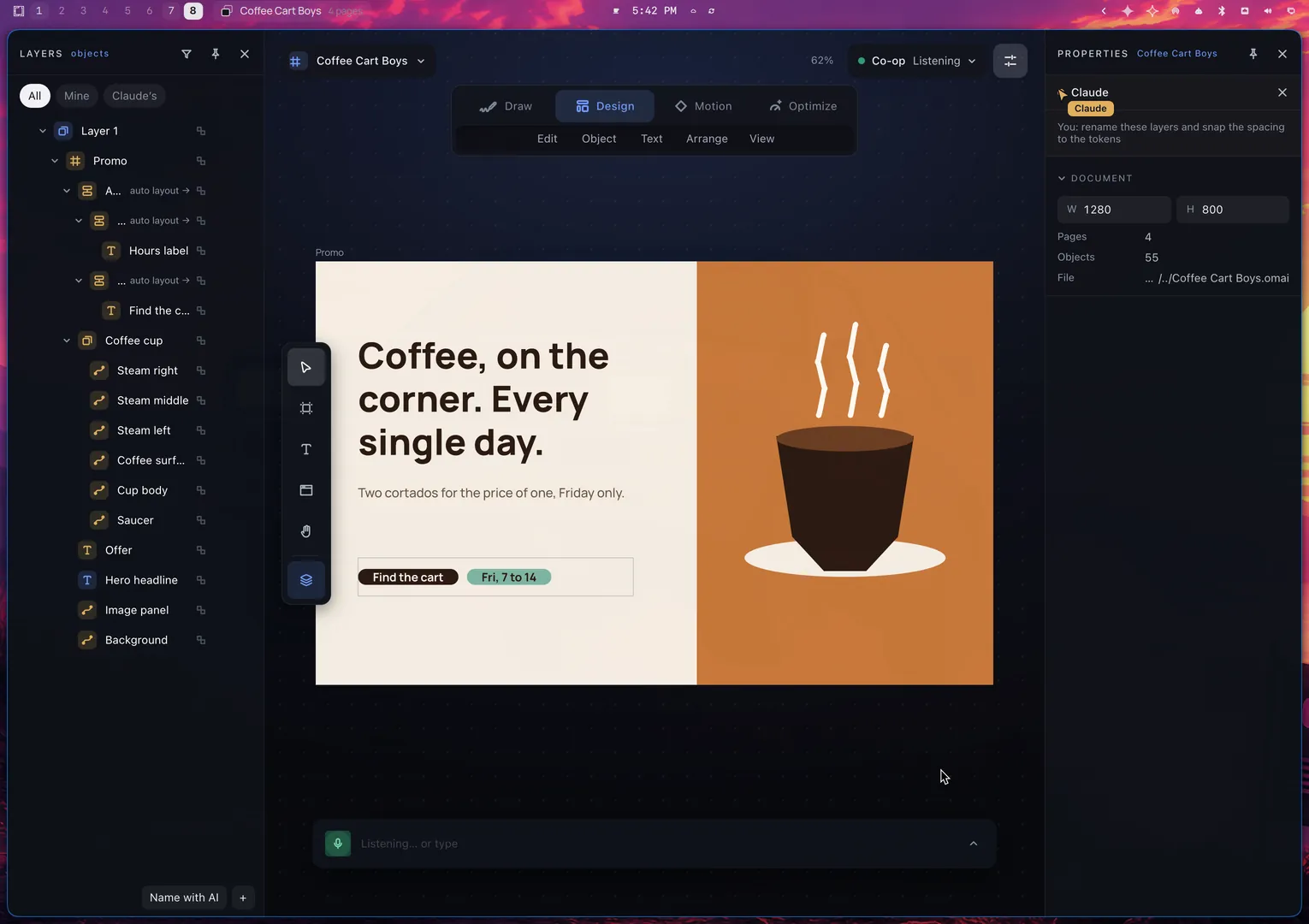 After Enter: the proposal is gone and the Layers panel shows clear names such as Promo and Coffee cup.