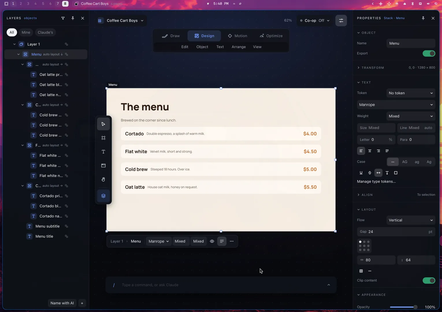 The Menu page: an auto layout frame is selected. Layers shows auto layout tags; Properties shows Flow Vertical and Gap 24.