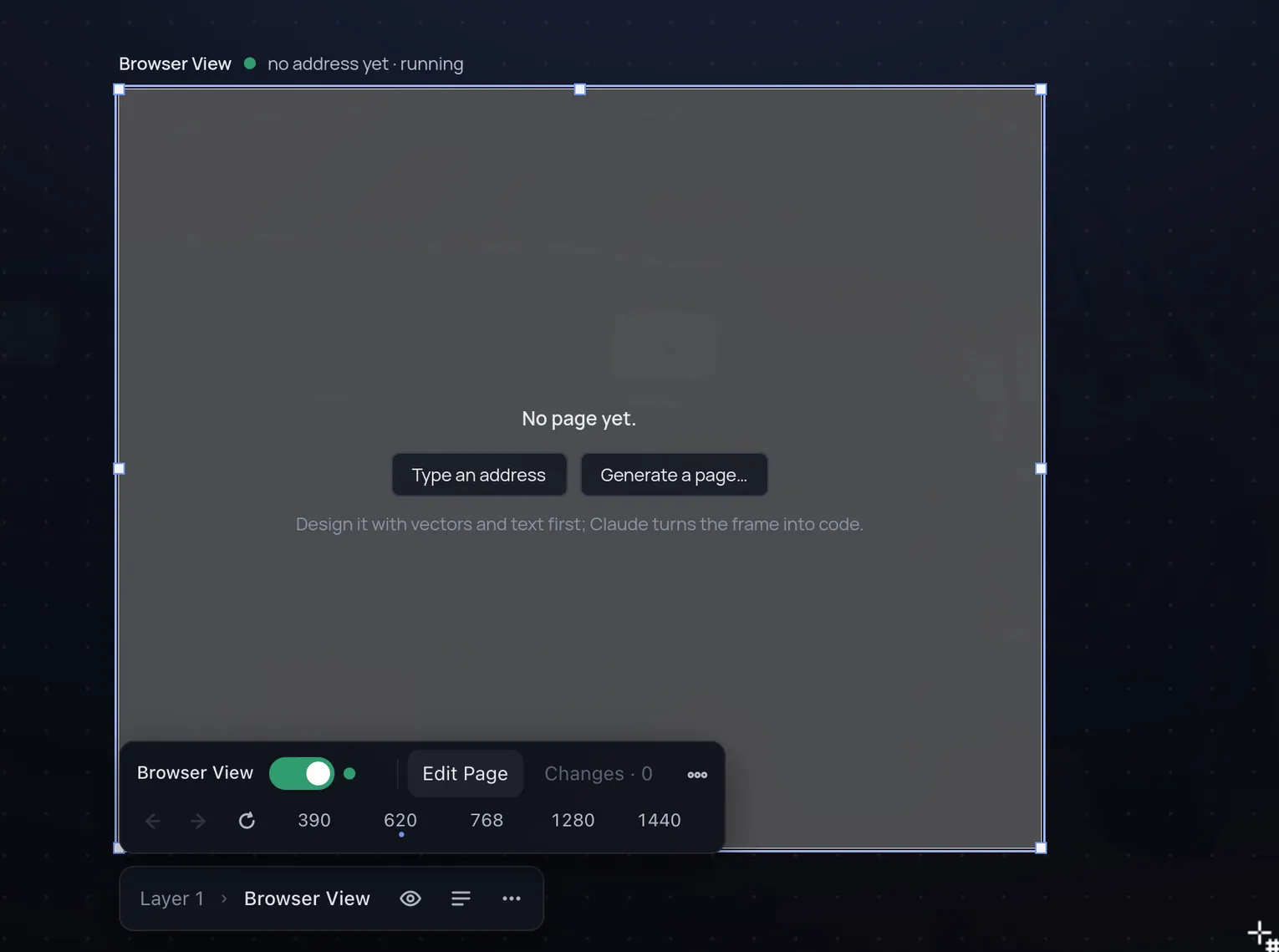 The Browser View tool draws a rectangle on an empty canvas.