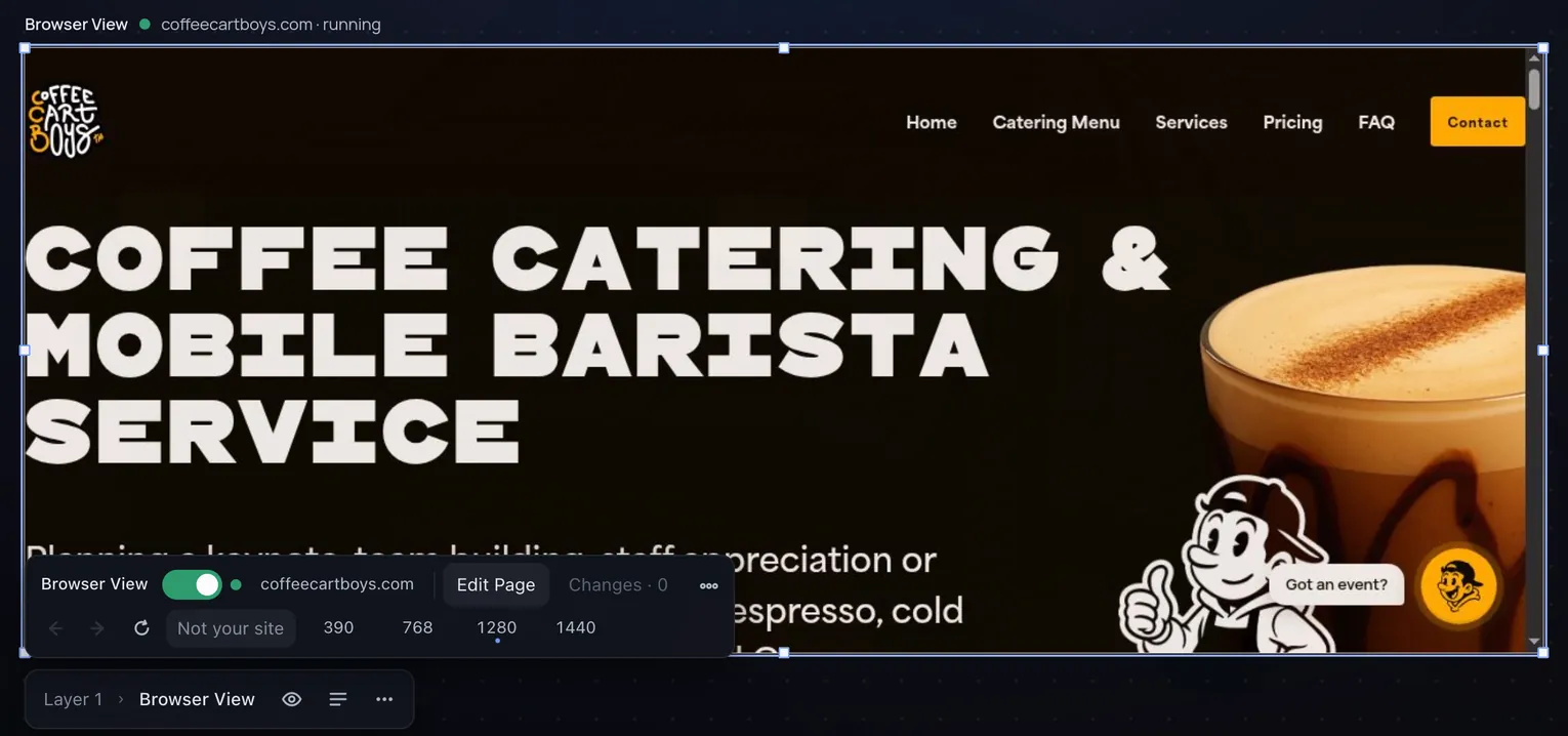 The site at 1280 pixels: the desktop layout with the full navigation and a wide headline.