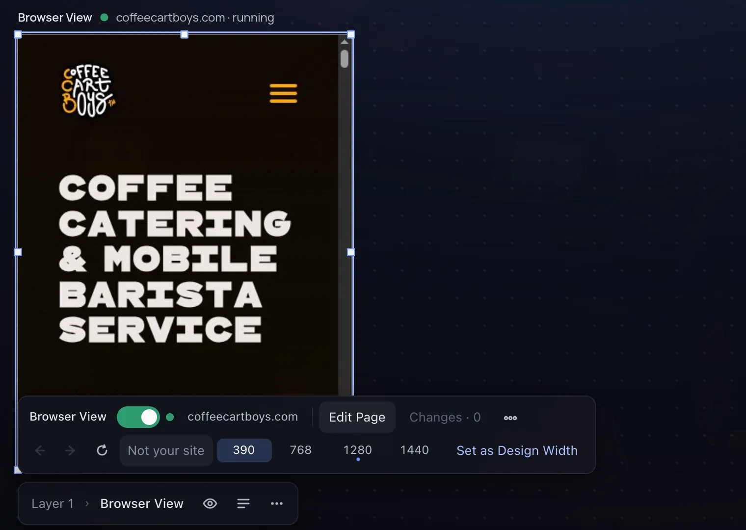 The same site at 390 pixels: the phone layout with a menu button and a stacked headline.