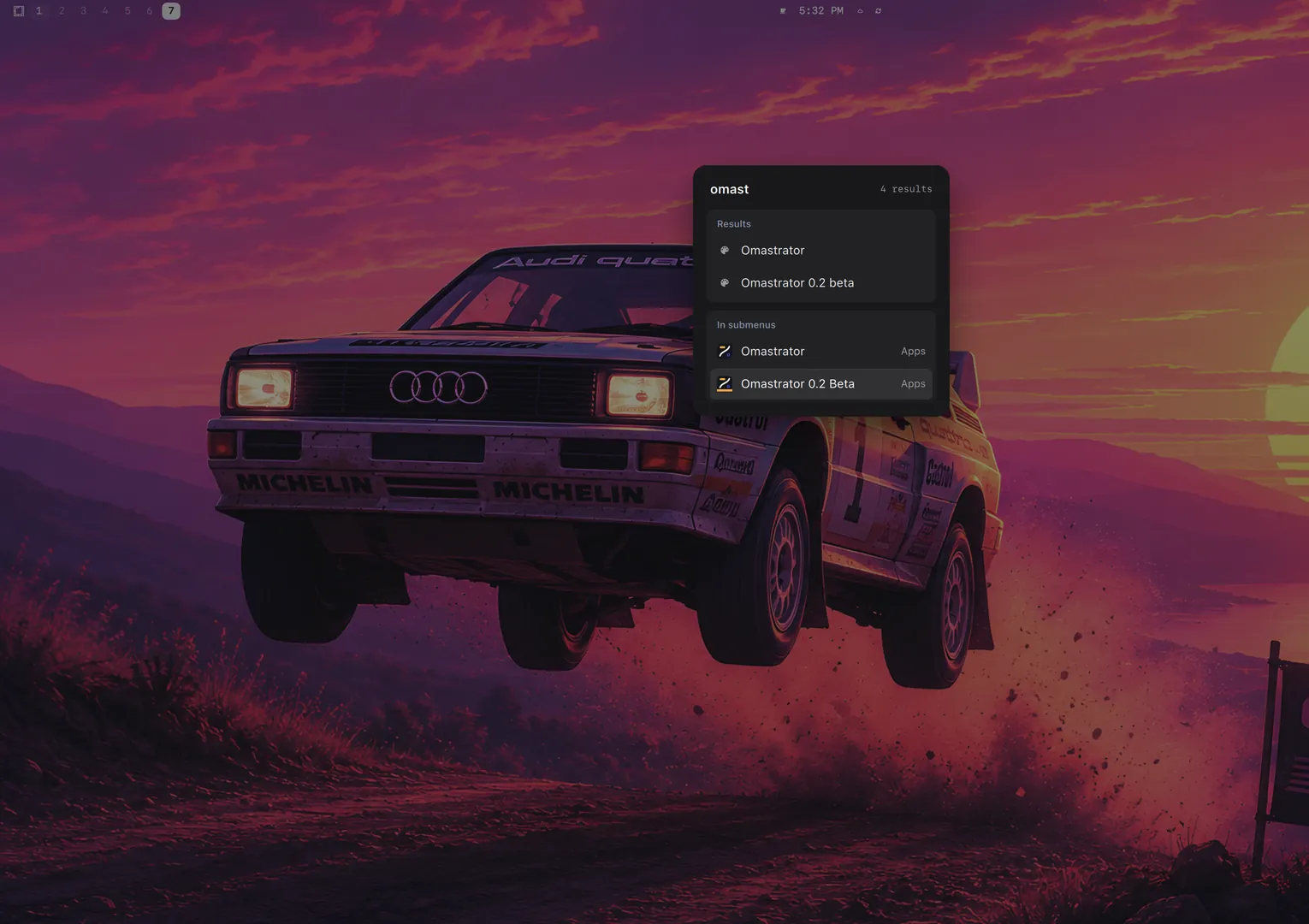 The Omarchy menu with omast typed and Omastrator 0.2 Beta highlighted.