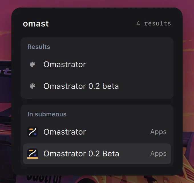 The Omarchy menu with Omastrator 0.2 Beta highlighted.