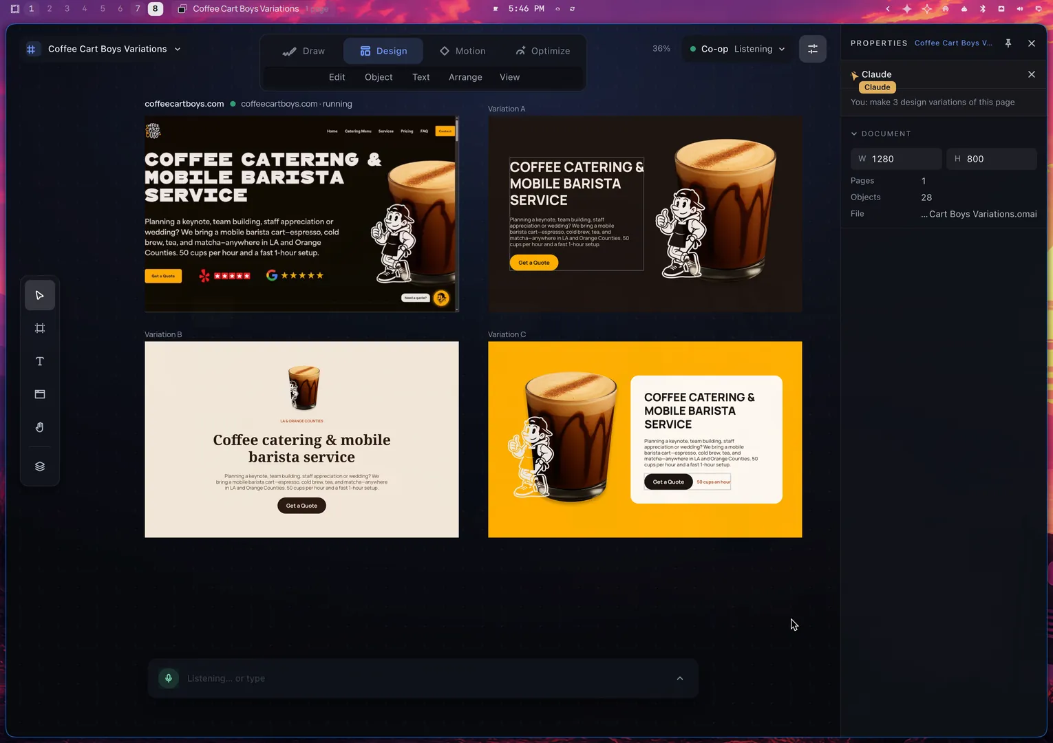 The Omastrator canvas with the live coffeecartboys.com site in a frame on the left and three design variations of the same page beside it.