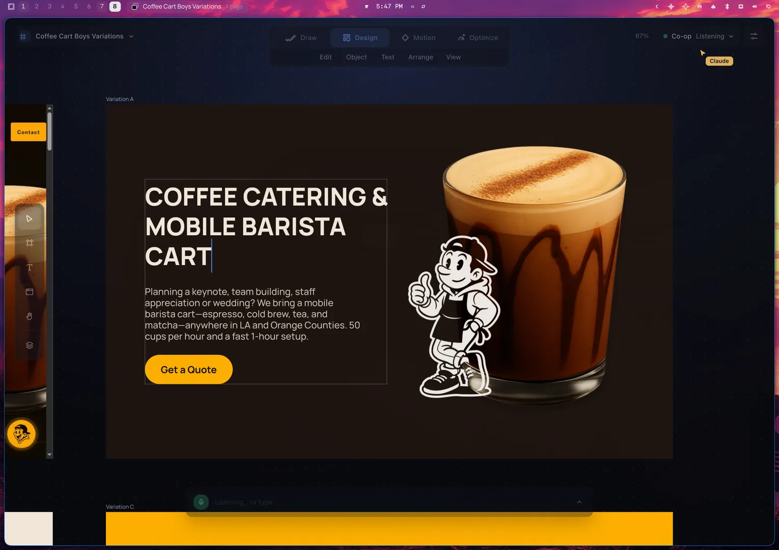The Text tool caret in Variation A's headline. The designer has typed COFFEE CATERING & MOBILE BARISTA CART.