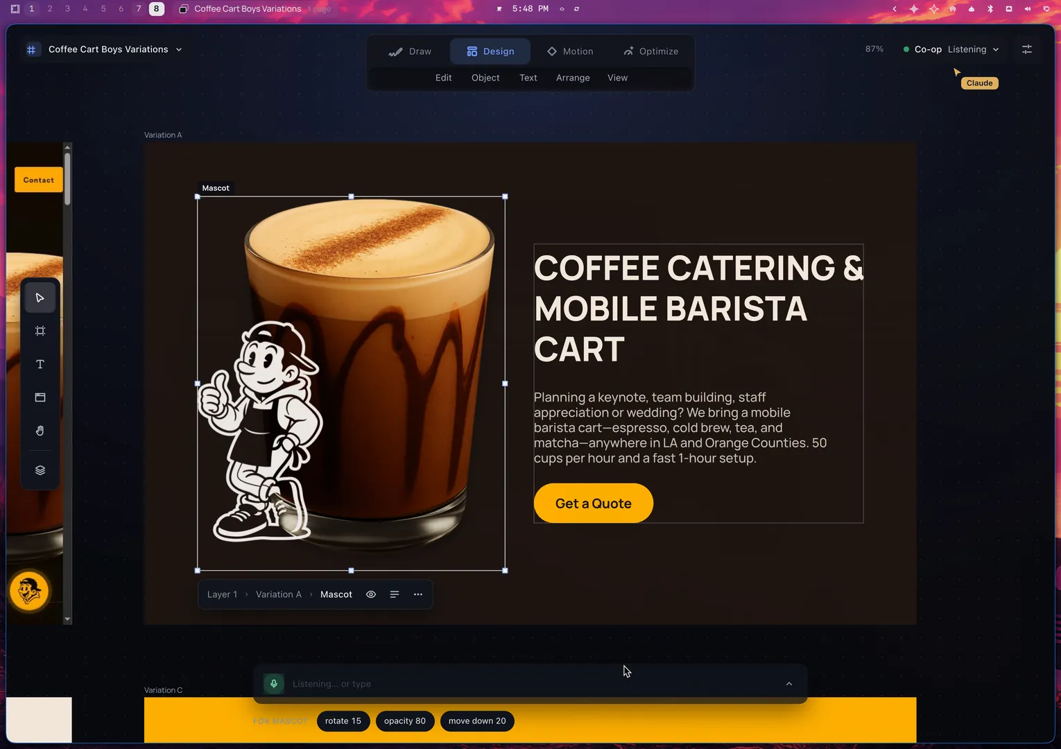 Result of a move: the mascot image now sits on the left of the headline, and it is selected.