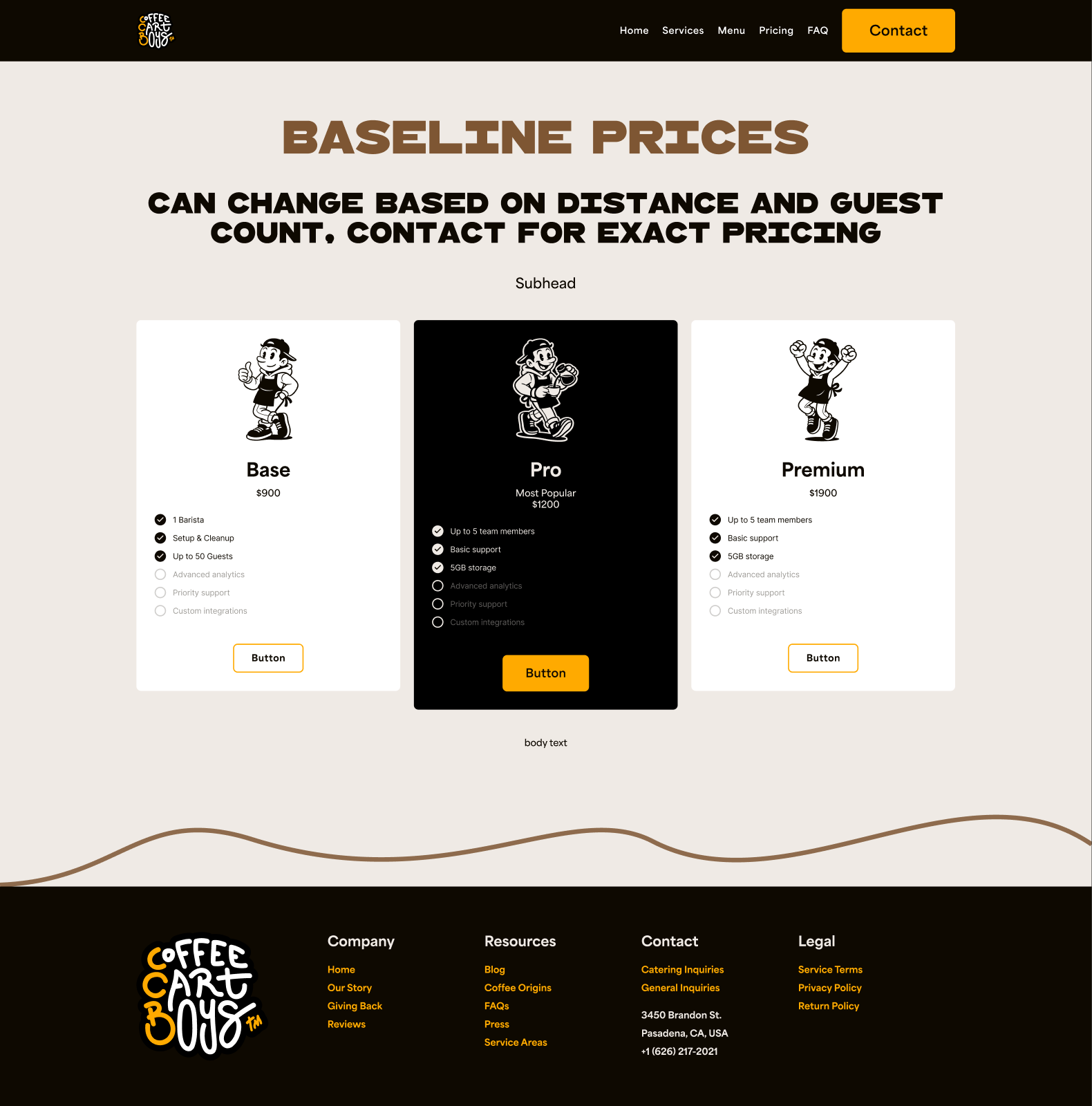 Coffee Cart Boys Pricing design